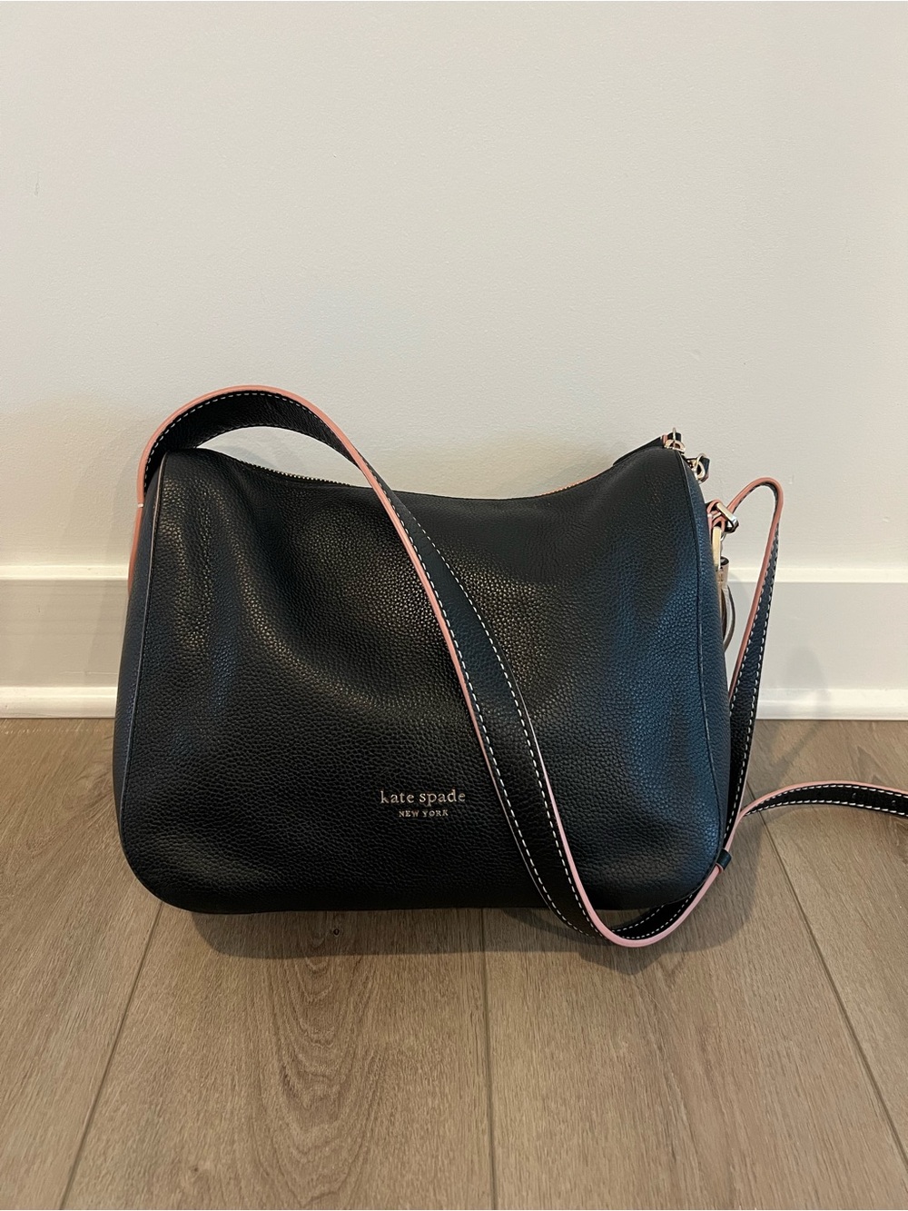 Kate Spade Black Leather Crossbody Bag with Pink Contrast Strap